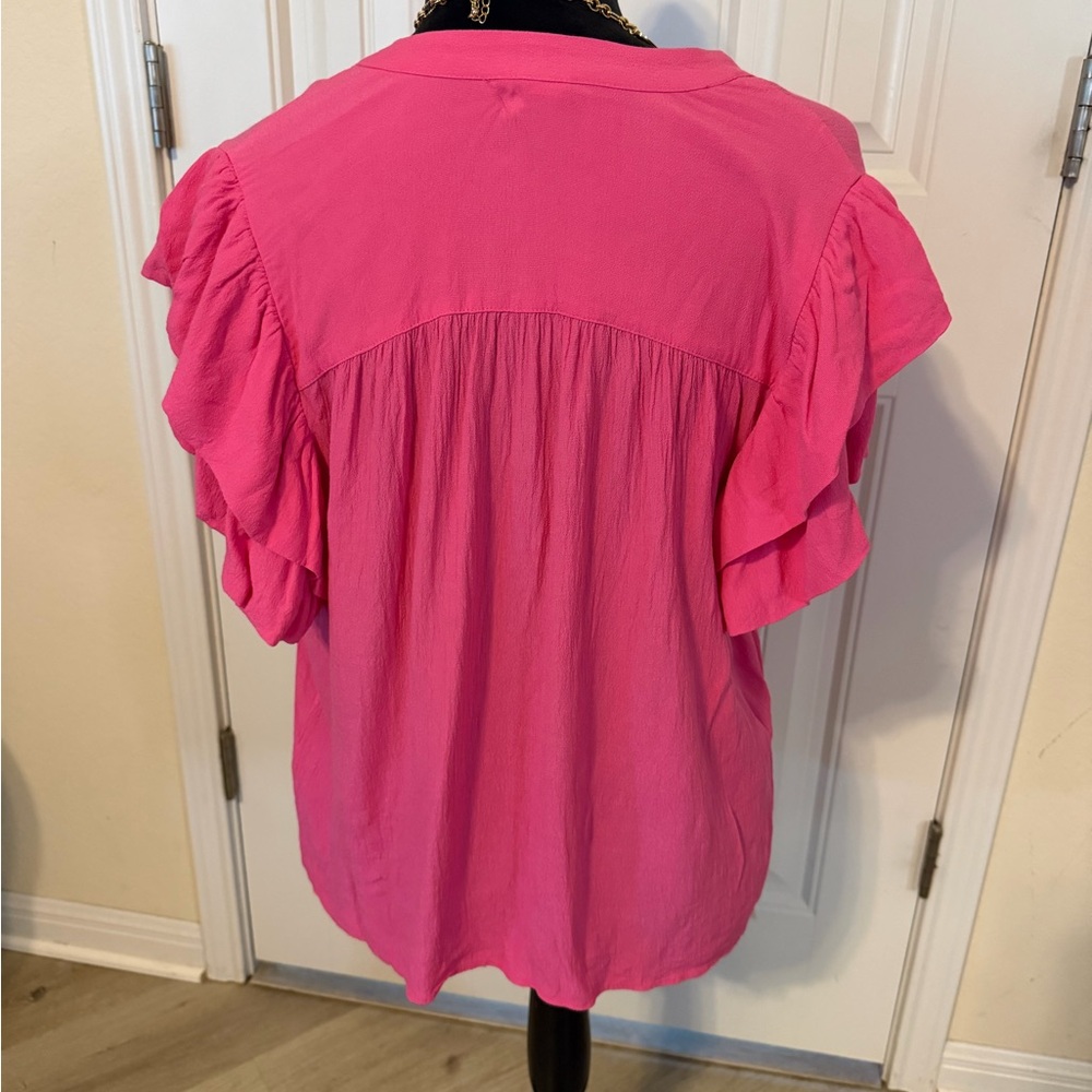 Women’s Hot Pink Ruffle Sleeve V-Neck Blouse with Tassel Tie - Picture 3 of 3